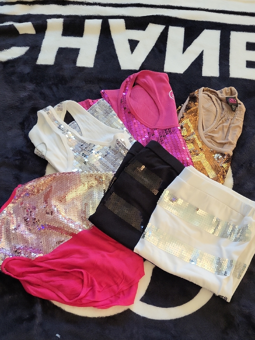 3 Sequin Tank Tops 1 Flare 2 Tube Tops Pink, White, Black, Gold And Tan